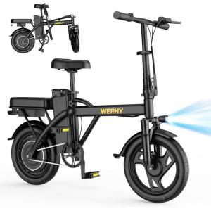 imageWERHY Electric Bike for Adults 500W Motor 22 MPH Max Speed Folding Ebike 14 Electric Bicycles Max 304050 Miles Range Pedal Assist Mode Mini E Bikes